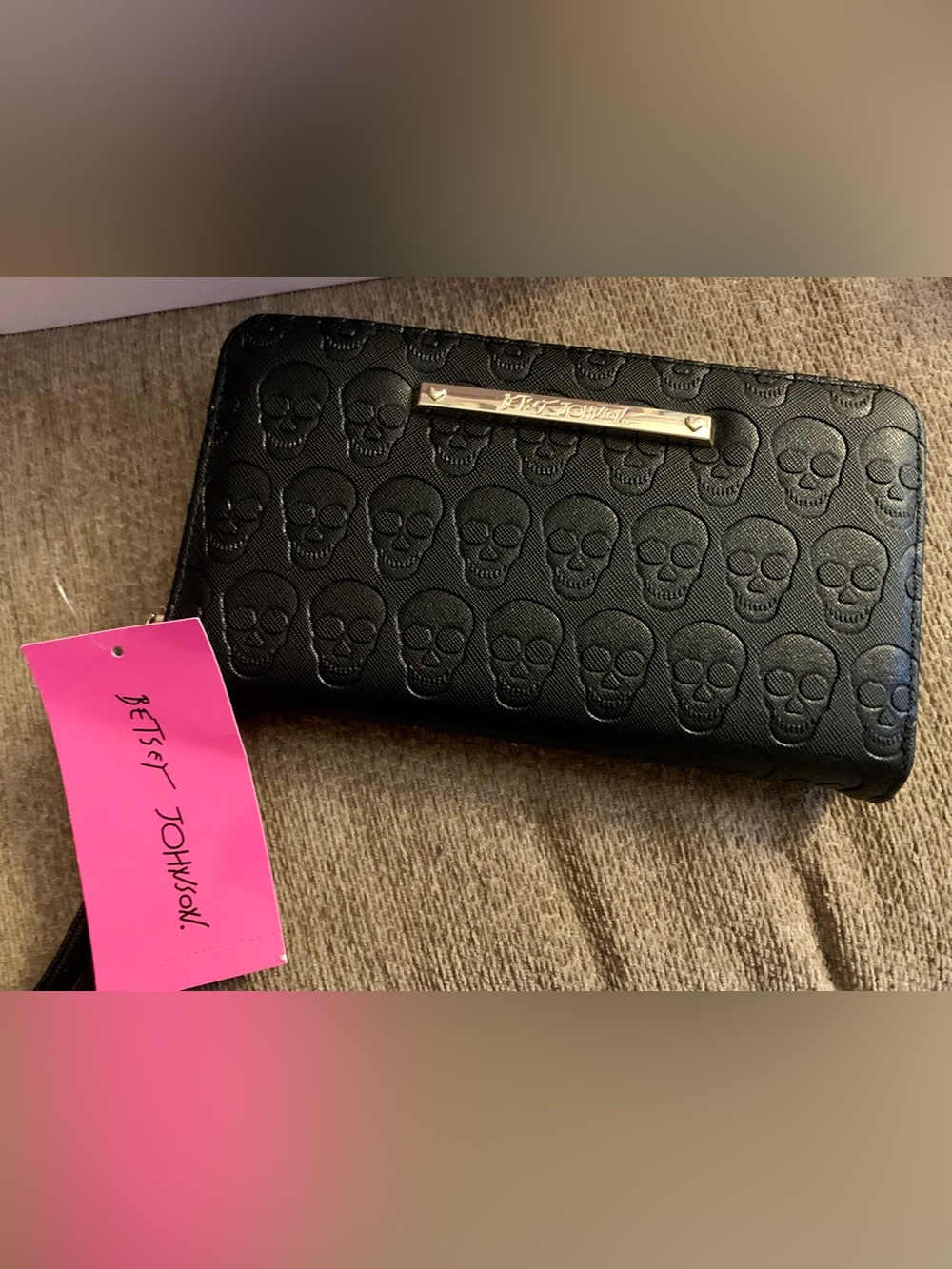 Betsey Johnson Black Embossed Skull Zip-Around Wallet with Gold Plate